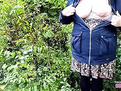 Tits Out in the Woods - Flashing my big heavy Mommy Milkers and Ass while out for a walk in the forest - So NAUGHTY arent I